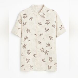Axcess Claiborne Linen Blend Leaf Print‎ Button Up Shirt Beige Brown Size Large